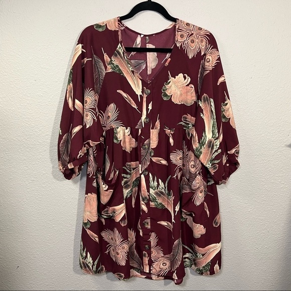*𝅺Umgee Peasant Sleeve Feather Patterned Oversized Mini Dress Sz S - Picture 1 of 6